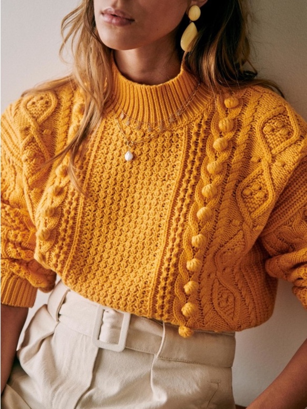Sezane Amaury Cableknit Bobble Mustard Yellow High Neck Sweater Wool Blend - Picture 2 of 14